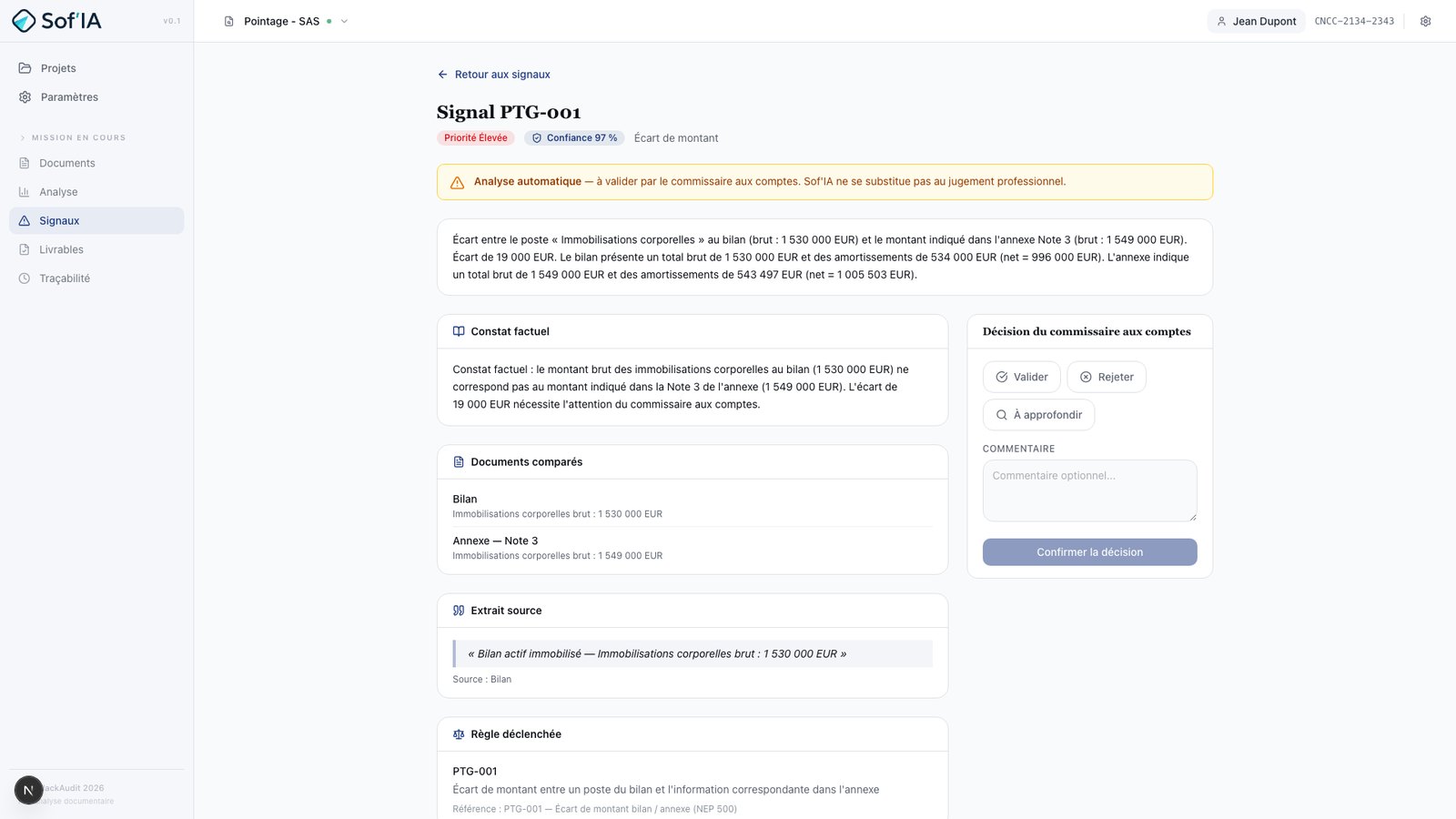 Le détail d'un signal, avec l'extrait du document en cause, la règle appliquée et les trois actions possibles.